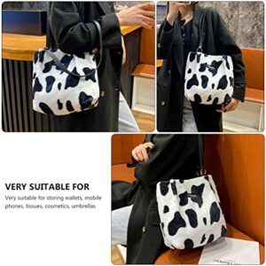 VALICLUD Women Milk Cow Print Clutch Handbag Cow Shoulder Bag Plush Faux Fur Tote Bag Bucket