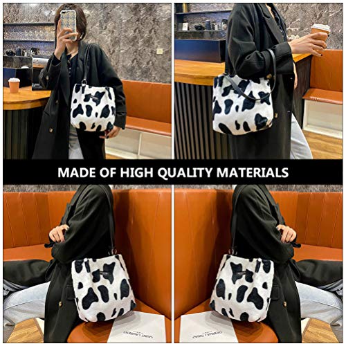 VALICLUD Women Milk Cow Print Clutch Handbag Cow Shoulder Bag Plush Faux Fur Tote Bag Bucket