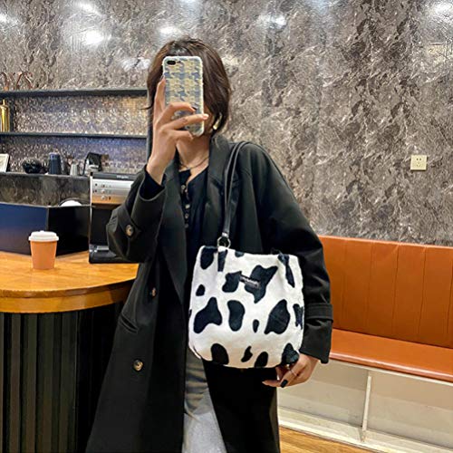 VALICLUD Women Milk Cow Print Clutch Handbag Cow Shoulder Bag Plush Faux Fur Tote Bag Bucket