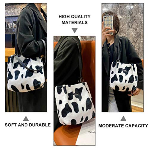 VALICLUD Women Milk Cow Print Clutch Handbag Cow Shoulder Bag Plush Faux Fur Tote Bag Bucket