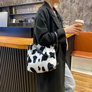 VALICLUD Women Milk Cow Print Clutch Handbag Cow Shoulder Bag Plush Faux Fur Tote Bag Bucket