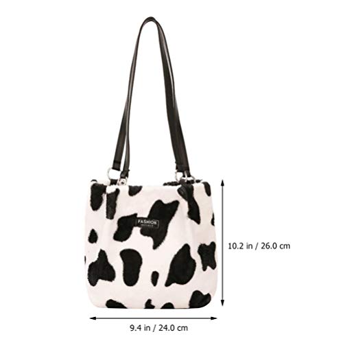 VALICLUD Women Milk Cow Print Clutch Handbag Cow Shoulder Bag Plush Faux Fur Tote Bag Bucket