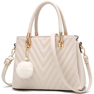 womens fashion leather handbags quilted purses top-handle totes satchel bag for ladies shoulder bag for girls with pompom white