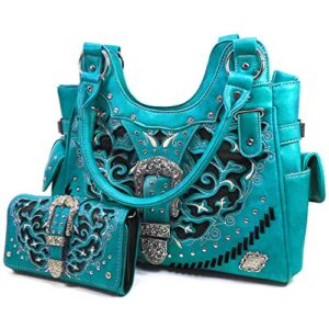 Zelris Women Tote Handbag Wallet Set Western Gleaming Buckle Floral Cowgirl Concealed Carry Purse (Turquoise)