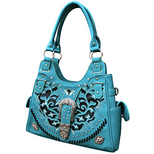 Zelris Women Tote Handbag Wallet Set Western Gleaming Buckle Floral Cowgirl Concealed Carry Purse (Turquoise)