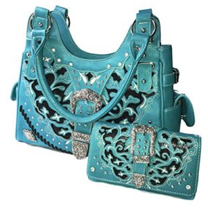 Zelris Women Tote Handbag Wallet Set Western Gleaming Buckle Floral Cowgirl Concealed Carry Purse (Turquoise)