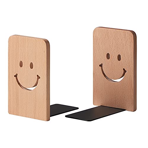 Muso Wood Bookends for Shelves, Non Skid Book Ends for Office Home Kitchen, Smile Bookends for Holiding Books (Beech)