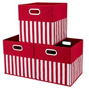i bkgoo folable fabric storage bins.set of 3 cubby cubes with handles red-white vertical lines 13x13x13 inch