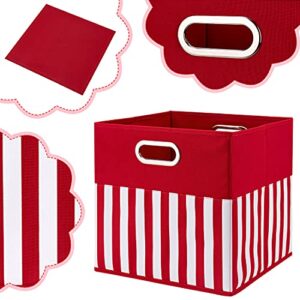 i BKGOO Folable Fabric storage Bins.Set of 3 Cubby Cubes with Handles Red-White Vertical lines 13x13x13 inch