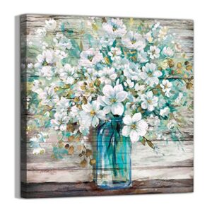 3LDECOR Country Style Canvas Wall Art Teal Blue Mason Bottle White Flower Rustic Wall Decor Art Hanging in The Bedroom Bathroom Living Room Dining Room Office Fireplace Kitchen Murals Decor