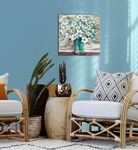 3LDECOR Country Style Canvas Wall Art Teal Blue Mason Bottle White Flower Rustic Wall Decor Art Hanging in The Bedroom Bathroom Living Room Dining Room Office Fireplace Kitchen Murals Decor