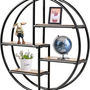 FANTASK Round Wall Shelf, 4-Tier Wood Floating Decorative Shelf w/ Metal Structure, Circle Décor Shelf for Office Bedroom Kitchen Study Living Room