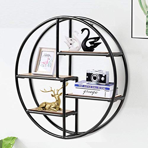 FANTASK Round Wall Shelf, 4-Tier Wood Floating Decorative Shelf w/ Metal Structure, Circle Décor Shelf for Office Bedroom Kitchen Study Living Room