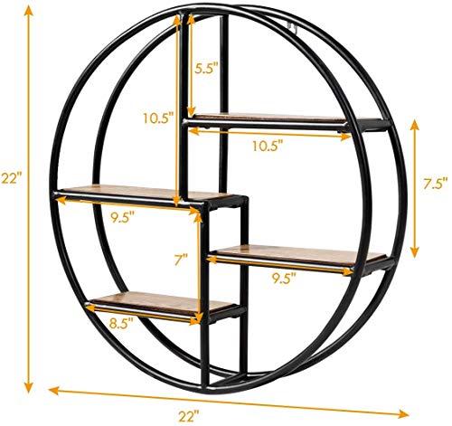 FANTASK Round Wall Shelf, 4-Tier Wood Floating Decorative Shelf w/ Metal Structure, Circle Décor Shelf for Office Bedroom Kitchen Study Living Room