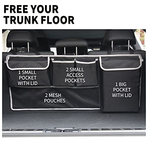 UYYE Car Trunk Hanging Organizer,Backseat Hanging Bag, Car Interior Accessories with 4 Pockets & 2 Mesh Pouches,Storage for Groceries, Will Provides More Storage Trunk Space for SUV, Truck, Jeep，MPVs