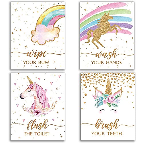 Unicorn Bathroom Decor, Funny Unicorn Themed Bathroom Inspirational Quotes Art Print Humorous Quotes Painting, Toilet Rules Art Picture for Kids Nursery Washroom Bathroom Decor, Set of 4 (8”X10”), Unframed