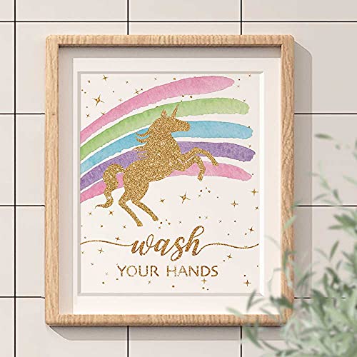 Unicorn Bathroom Decor, Funny Unicorn Themed Bathroom Inspirational Quotes Art Print Humorous Quotes Painting, Toilet Rules Art Picture for Kids Nursery Washroom Bathroom Decor, Set of 4 (8”X10”), Unframed