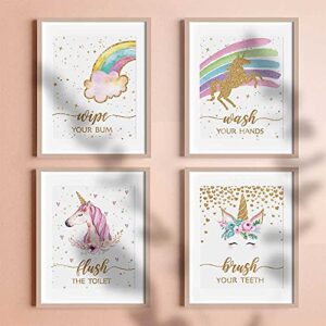 Unicorn Bathroom Decor, Funny Unicorn Themed Bathroom Inspirational Quotes Art Print Humorous Quotes Painting, Toilet Rules Art Picture for Kids Nursery Washroom Bathroom Decor, Set of 4 (8”X10”), Unframed