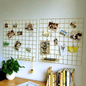 yash metal wire grid panel, display organizer, postcard, wall artwork display for home office living room dorm room, kitchen storage grid wall, 23.6″ x 23.6″, pack of 2 pcs, gold