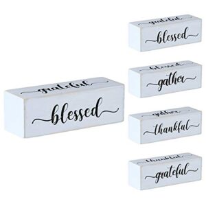four-sided inspirational block sign rustic wooden blessed gather thankful grateful sign tabletop block decor for office home farmhouse tabletop, bookshelf, tiered tray decor