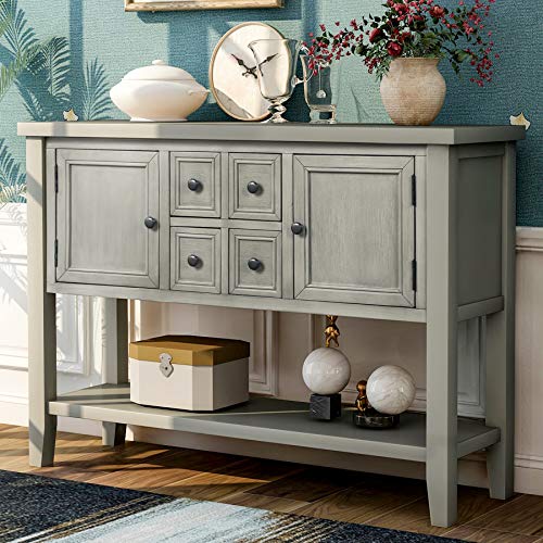 P PURLOVE Console Table Buffet Sideboard Sofa Table with Storage Drawers Cabinets and Bottom Shelf (Gray)