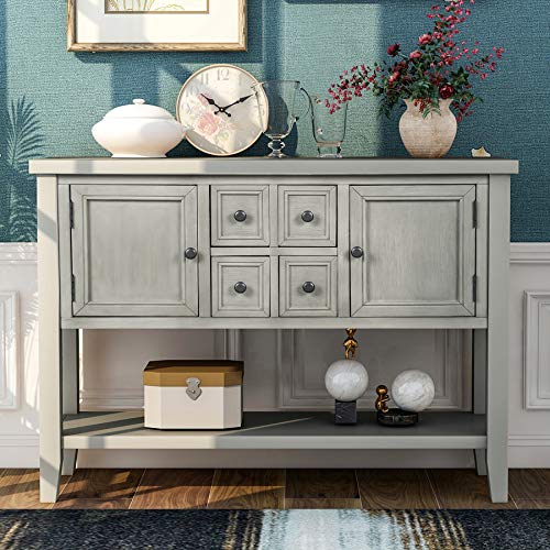P PURLOVE Console Table Buffet Sideboard Sofa Table with Storage Drawers Cabinets and Bottom Shelf (Gray)