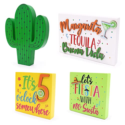 Kitticcino Fiesta Party Decorations Mexican Party Decorations Cinco de Mayo Decors Taco Party Table Decors Cocktail Bar Wooden Signs Summertime Margarita Drink Home Kitchen Shelf Sitting Set of 4