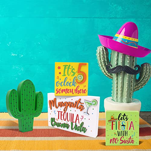 Kitticcino Fiesta Party Decorations Mexican Party Decorations Cinco de Mayo Decors Taco Party Table Decors Cocktail Bar Wooden Signs Summertime Margarita Drink Home Kitchen Shelf Sitting Set of 4