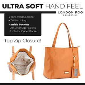 LONDON FOG QUENDI Tote Bag for Women, Vegan Leather Shoulder Bag with ID Wallet - Cognac