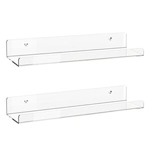 acrylic floating shelves, 2 pack of 15 inches invisible acrylic floating wall ledge shelf, wall mounted nursery kids bookshelf, spice rack, bathroom storage shelves for cosmetics, photos, books, spice