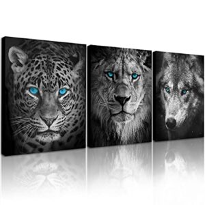 qtespeii black and white animals pictures wall art decor for bathroom leopard lion wolf head with blue eyes paintings canvas prints wildlife artwork framed modern home office decor 12″x16″ 3 panels