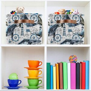 Storage Basket Nautical Sea Animal Whale Lighthouse Storage Cube Box Durable Canvas Collapsible Toy Basket Organizer Bin with Handles for Shelf Closet Bedroom Home Office