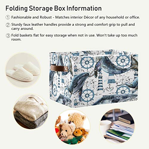 Storage Basket Nautical Sea Animal Whale Lighthouse Storage Cube Box Durable Canvas Collapsible Toy Basket Organizer Bin with Handles for Shelf Closet Bedroom Home Office