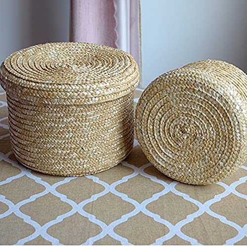 Zhuxin Woven Straw Storage Baskets with Lid, Rattan Snack Container Multipurpose Bins Laundry Toys Organizer Household, Round Medium Size, Diameter 18cm, Height 14cm