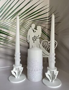 magik life unity candle set for wedding – wedding accessories for reception and ceremony – candle sets – 6 inch pillar and 2 10 inch tapers – decorative pillars white