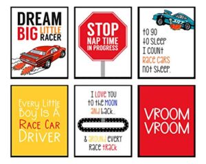 dream big little racer – art print design wall room home bedroom nursery decor wheel set – bright race hot car (set of six) poster sign picture