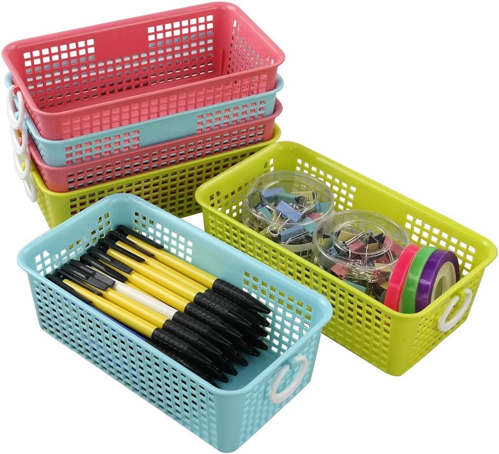 CadineUS Mini Plastic Storage Basket, Colored Desktop Storage Bins Set of 6