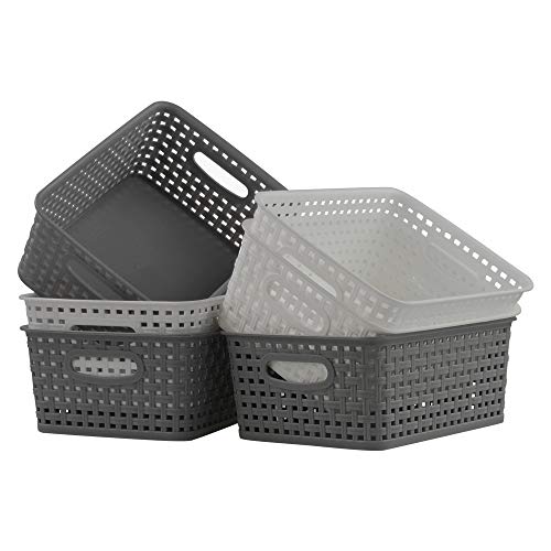 Ponpong Plastic Weave Shelf Basket, Plastic Rattan Storage Bins, 6 Packs