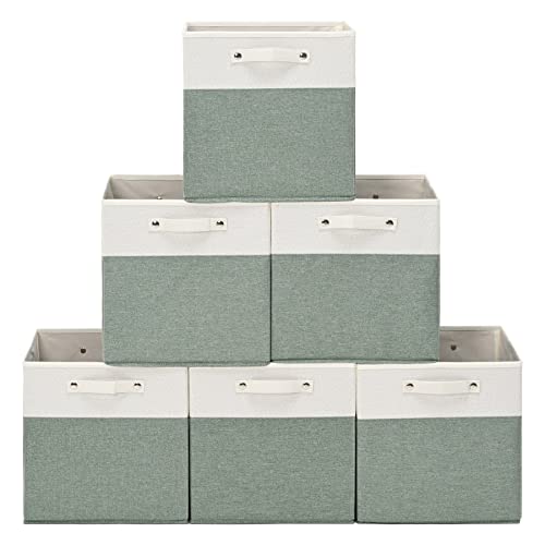 BNDSKLAI Foldable Cube Storage Bins 13x13x13 Inch [6-Pack],Collapsible Shelf Storage Baskets,Fabric Storage Basketss with Handles,Suitable for Shelf,Closet,Cabinet(White/Green)