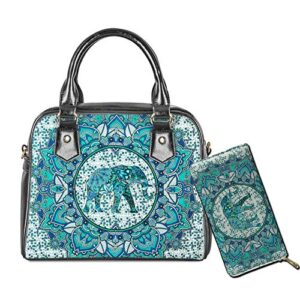 dremagia mandala hippie elephant handbag set work shoulder tote handle bags zipper clutch purses for women girls lady travel top bag