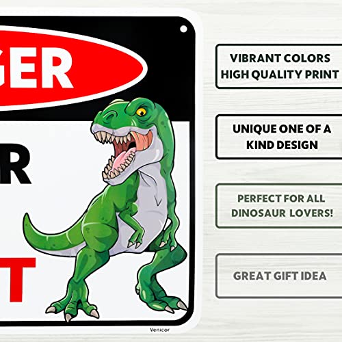 Venicor Dinosaur Sign - 8 x 12 Inches - Aluminum - Dinosaur Room Decor for Boys - Dinosaur Decor Boys Room - T Rex Dinosaur Bedroom Decor for Boys Kids Decorations Lover Gifts Wall Art Poster Stuff