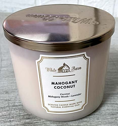 Bath and Body Works, White Barn 3-Wick Candle w/Essential Oils - 14.5 oz - 2021 Core Scents! (Mahogany Coconut)