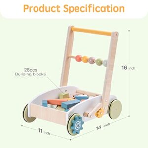 ROBUD Wooden Baby Walkers Push Toys for Babies Learning to Walk with Wheels Building Blocks Toddler Educational Toys for 10-24 Months