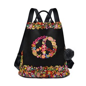 alaza hippie peace sign floral backpack purse for women anti theft fashion back pack shoulder bag