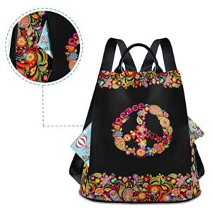 ALAZA Hippie Peace Sign Floral Backpack Purse for Women Anti Theft Fashion Back Pack Shoulder Bag