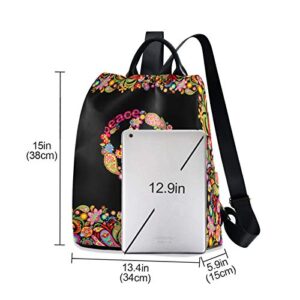 ALAZA Hippie Peace Sign Floral Backpack Purse for Women Anti Theft Fashion Back Pack Shoulder Bag