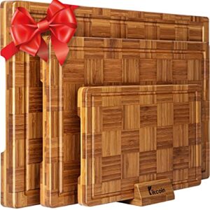 extra large bamboo cutting boards, (set of 3) chopping boards with juice groove bamboo wood cutting board set butcher block for kitchen, end grain serving tray by kikcoin