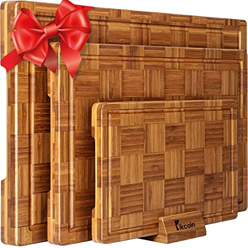 Extra Large Bamboo Cutting Boards, (Set of 3) Chopping Boards with Juice Groove Bamboo Wood Cutting Board Set Butcher Block for Kitchen, End Grain Serving Tray by Kikcoin