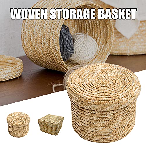 Zhuxin Woven Straw Storage Baskets with Lid, Rattan Snack Container Multipurpose Bins Laundry Toys Organizer Household Round Small, Diameter 16cm, Height 13cm