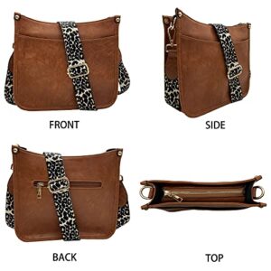 HAIBOLAN Shoulder Bag for Women Leopard Adjustable Guitar Strap Crossbody Purse Vegan Leather Bucket Handbags (A-Brown)